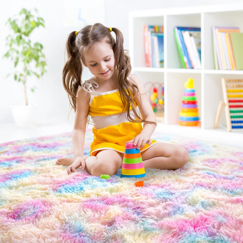 junovo Washable, Non-Slip Area Rug, Soft Rainbow Area Rug for Girl's Room, Children's Play mat, Baby Girl Bedroom Nursery Home Bedroom, 4ft x 6ft Tie-Dyed Rainbow - Image 3